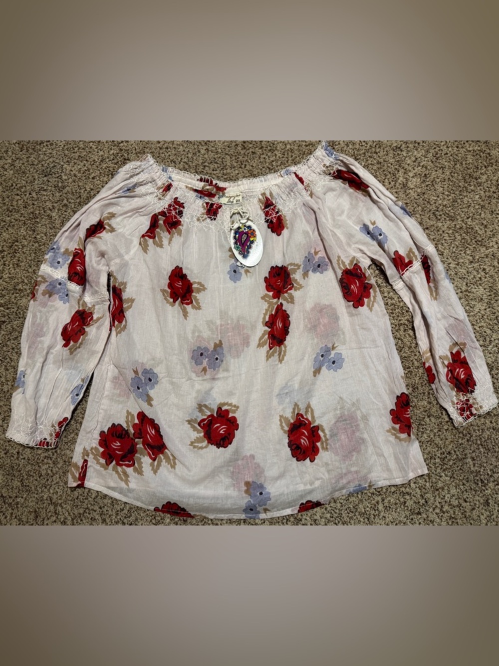 Magazine Lady Off Shoulder Floral Boho Blouse Off White Womens Size 2X NWT